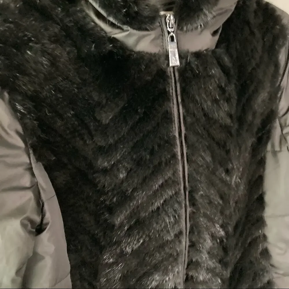 Max & Moi‎ Paris fur quilted hooded puffer bomber jacket black sweater sleeve
